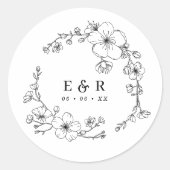 Elegante zwart-wit bloesem monogram bruiloft ronde sticker (Voorkant)