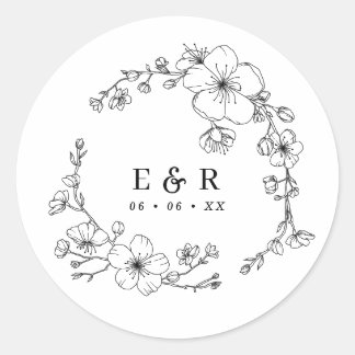 Elegante zwart-wit bloesem monogram bruiloft ronde sticker