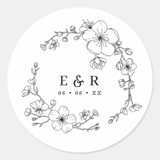 Elegante zwart-wit bloesem monogram bruiloft ronde sticker (Voorkant)