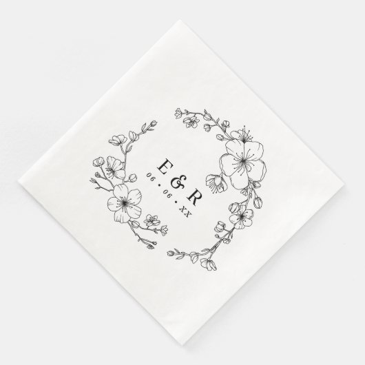 Elegante zwart-wit bloesem monogram bruiloft servet (Hoek)