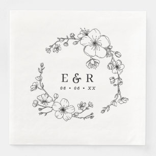Elegante zwart-wit bloesem monogram bruiloft servet