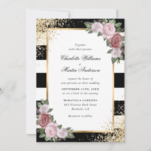 Elegante zwart wit blush roze gouden bruiloft kaart (Voorkant)