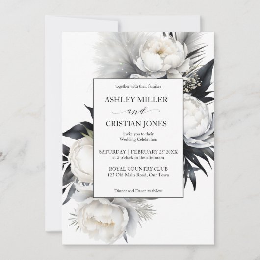 Elegante zwart-wit boho alles in één bruiloft kaart (Voorkant)