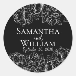 Elegante Zwart Wit Boho Bloemen Moderne bruiloft Ronde Sticker