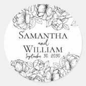 Elegante Zwart Wit Boho Bloemen Moderne bruiloft Ronde Sticker (Voorkant)
