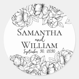 Elegante Zwart Wit Boho Bloemen Moderne bruiloft Ronde Sticker