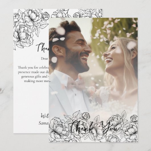 Elegante zwart wit Boho Moderne bruiloft foto Bedankkaart (Voorkant / Achterkant)