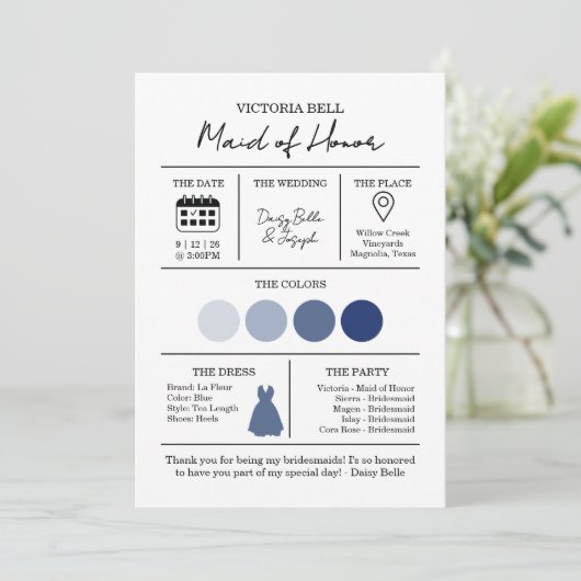 Elegante zwart-wit bruidsmeisje informatie Kaart (Staand voorkant)