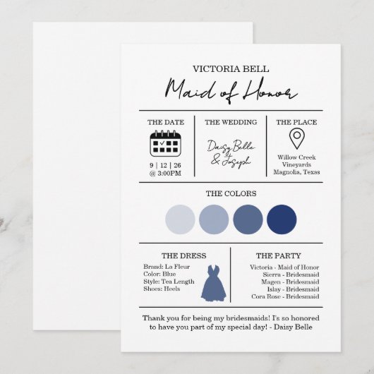 Elegante zwart-wit bruidsmeisje informatie Kaart (Voorkant / Achterkant)