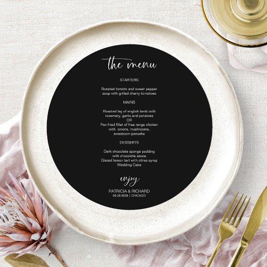Elegante zwart-wit bruiloft cirkel menu Kaarten