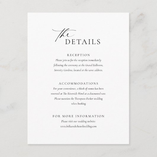 Elegante zwart wit bruiloft details behuizing Kaar Informatiekaartje (Voorkant)