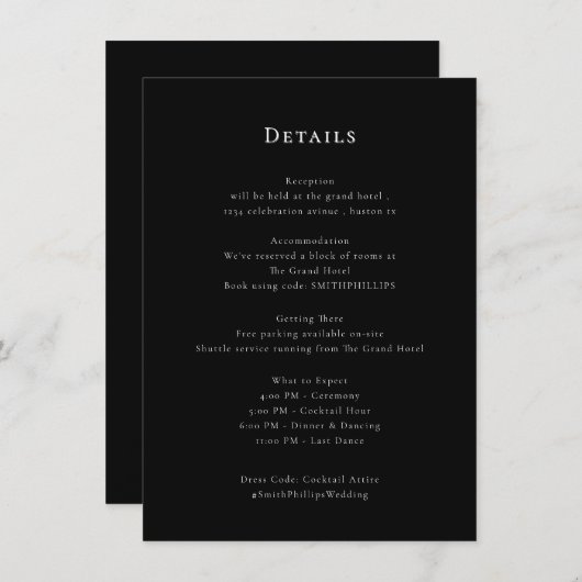 Elegante zwart-wit bruiloft details Kaart (Voorkant / Achterkant)