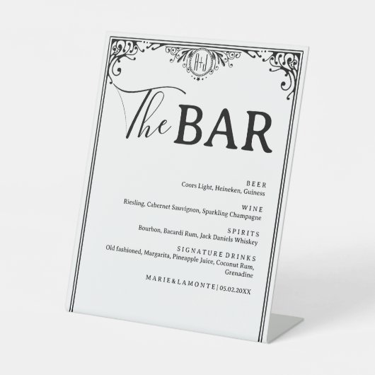 Elegante zwart-wit bruiloft Drinken Bar Menu Reclamebord Met Voetstuk (Voorkant)