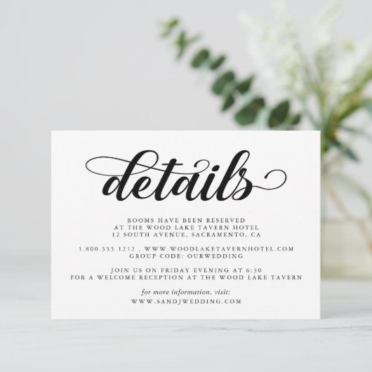 Elegante zwart-wit bruiloft gastgegevens informatiekaartje (Staand voorkant)