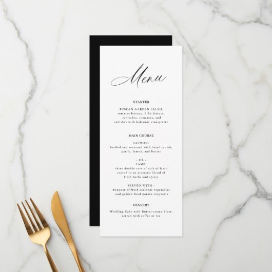 Elegante zwart-wit bruiloft menu (Voorkant / Achterkant in situ)