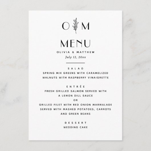 Elegante zwart-wit bruiloft | minimalistische bloe menu (Voorkant)