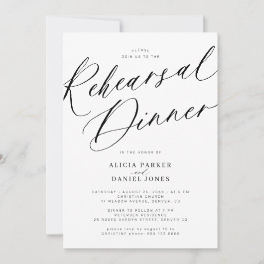 Elegante zwart-wit bruiloft repetitie diner kaart (Voorkant)