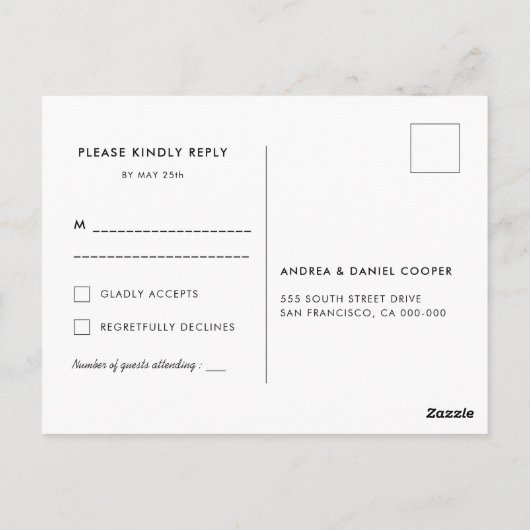 Elegante zwart-wit bruiloft RSVP Briefkaart (Achterkant)