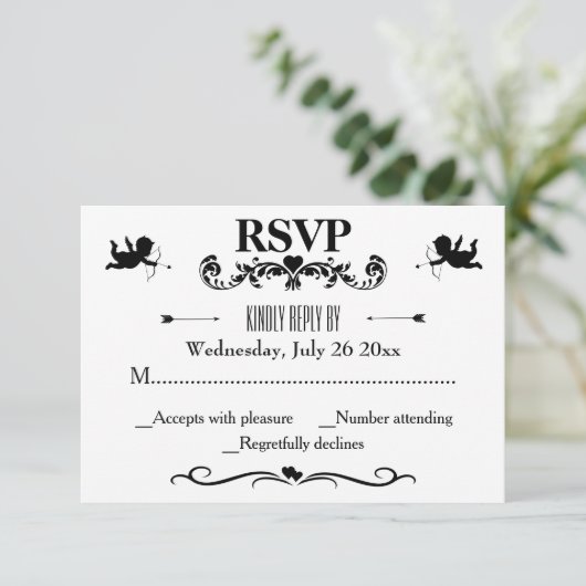 Elegante  zwart-wit bruiloft RSVP kaartje (Staand voorkant)