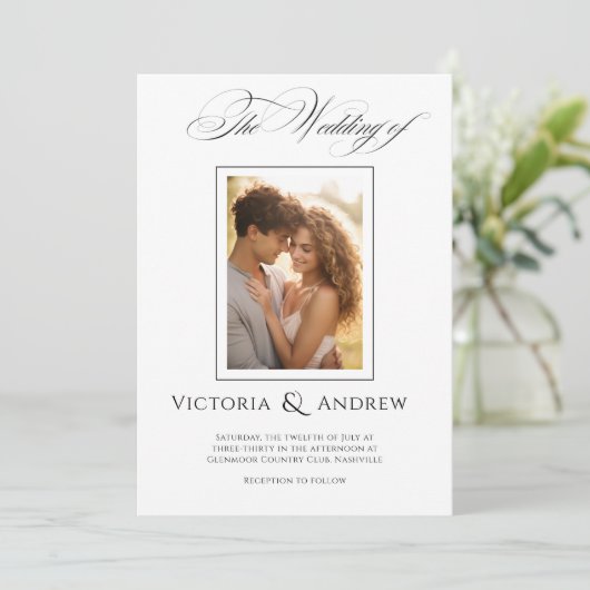 Elegante zwart-wit bruiloft uitnodiging & foto (Staand voorkant)