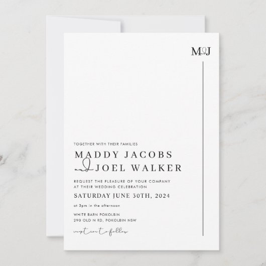 Elegante zwart-wit bruiloft uitnodiging MADDY (Voorkant)