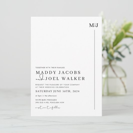 Elegante zwart-wit bruiloft uitnodiging MADDY (Staand voorkant)