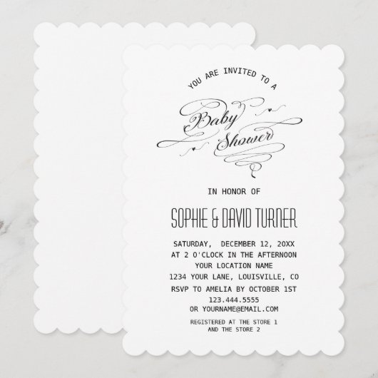 Elegante Zwart-Wit Calligrafie Baby Shower Kaart (Voorkant / Achterkant)