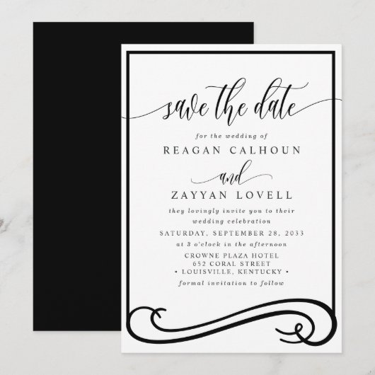 Elegante Zwart-Wit Calligrafie Bewaar de Datum Save The Date (Voorkant / Achterkant)