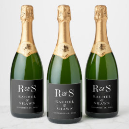 Elegante zwart-wit chique moderne monogram bruilof sparkling wijnetiket