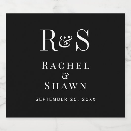 Elegante zwart-wit chique moderne monogram bruilof sparkling wijnetiket (Enkel label)