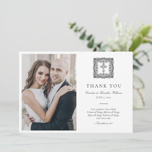 Elegante zwart-wit  Christelijke bruiloft Bedankkaart (Staand voorkant)