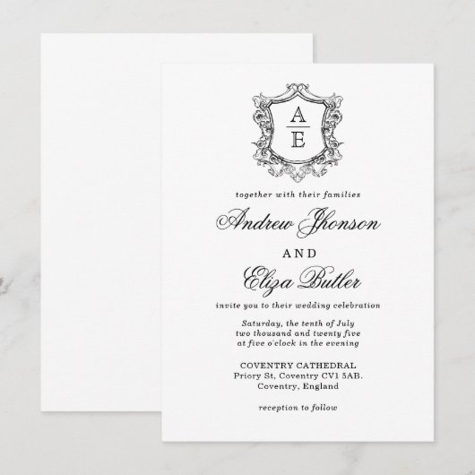 Elegante zwart-wit crest monogram bruiloft kaart (Voorkant / Achterkant)