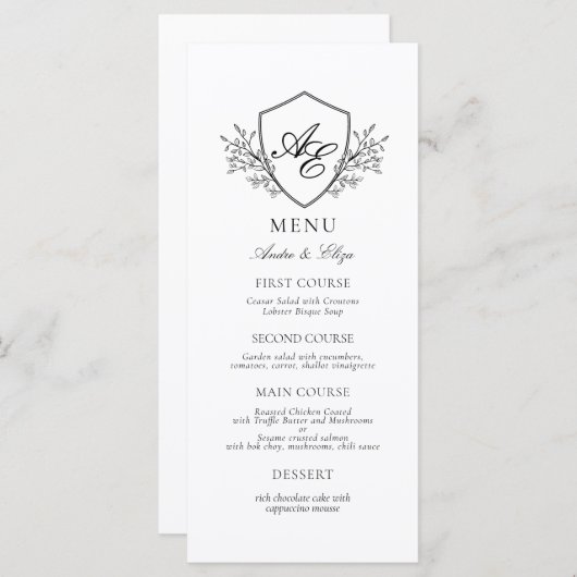 Elegante zwart-wit crest monogram bruiloft menu (Voorkant / Achterkant)