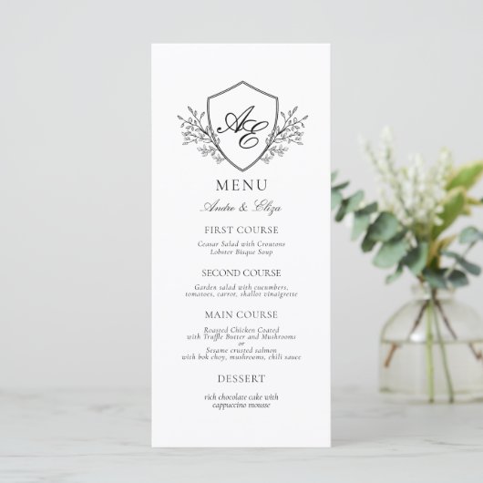 Elegante zwart-wit crest monogram bruiloft menu (Staand voorkant)