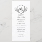 Elegante zwart-wit crest monogram bruiloft menu (Voorkant)