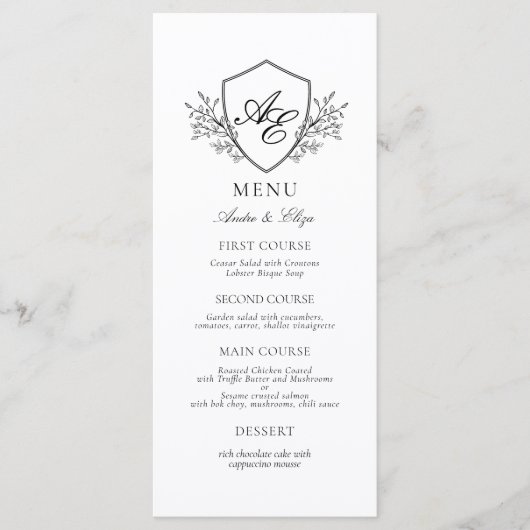 Elegante zwart-wit crest monogram bruiloft menu (Voorkant)
