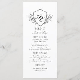 Elegante zwart-wit crest monogram bruiloft menu