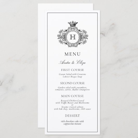 Elegante zwart-wit crest monogram bruiloft menu (Voorkant / Achterkant)