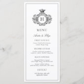 Elegante zwart-wit crest monogram bruiloft menu (Voorkant)