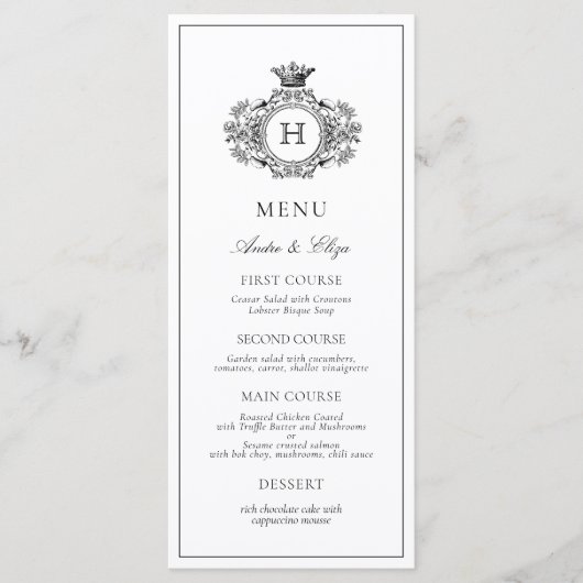 Elegante zwart-wit crest monogram bruiloft menu (Voorkant)
