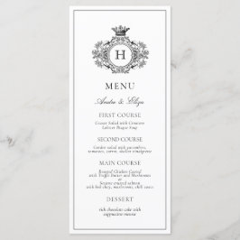 Elegante zwart-wit crest monogram bruiloft menu