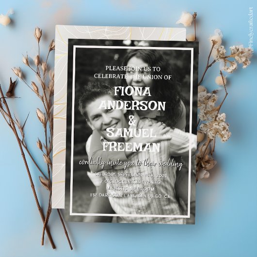 Elegante Zwart-Wit Custom Photo Wedding Kaart