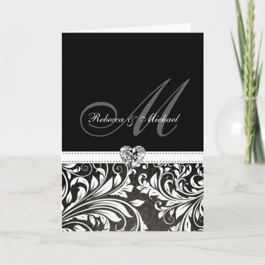 Elegante zwart-wit Damask Monogram Uitnodigingen (Voorkant)