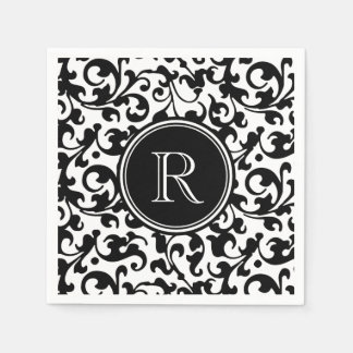 Elegante zwart-wit Damask Scroll Monogrammed Servetten