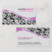 Elegante zwart & wit damast met roze accenten visitekaartje (Voorkant / Achterkant)