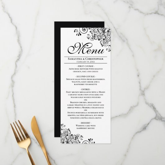 Elegante zwart & wit decoratieve hoeken bruiloft menu (Voorkant / Achterkant in situ)