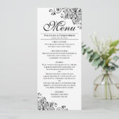 Elegante zwart & wit decoratieve hoeken bruiloft menu (Staand voorkant)