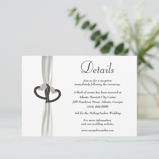 Elegante Zwart & Wit Diamant Bruiloft Details Informatiekaartje (Staand voorkant)