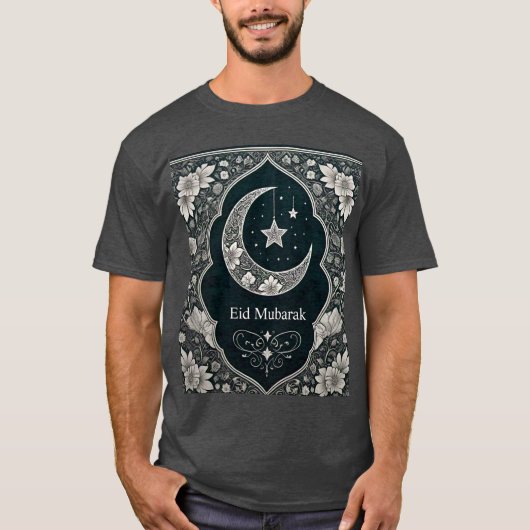 Elegante zwart-wit Eid Mubarak Bloemenhalve maan T-shirt (Voorkant)
