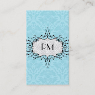 Elegante zwart wit en blauw  damast visitekaartje